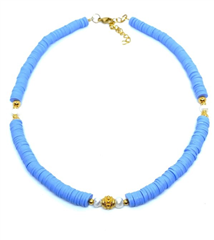 Lavendel blauwe katsuki ketting met goud en zoetwaterparel 6 mm doorsneel